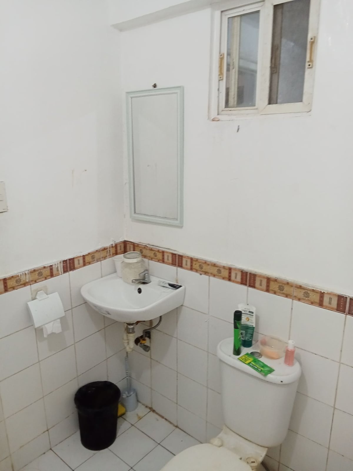A compact bathroom is displayed, featuring a white toilet and a small sink with a wall-mounted mirror above it. A window allows natural light to enter, and toiletries are neatly arranged on a ledge. The walls are primarily white, complemented by tiled accents.