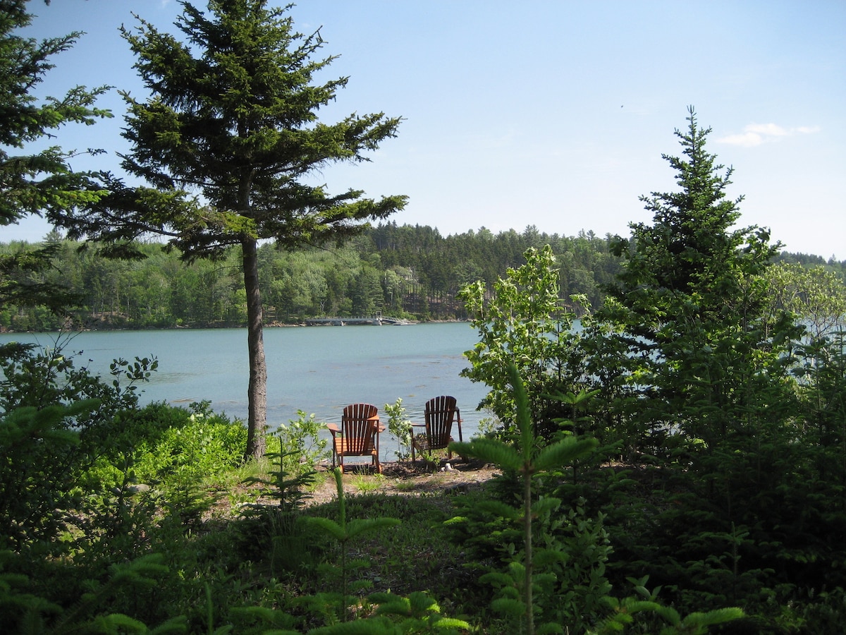 Two adirondack chairs are positioned by the water's edge, framed by lush greenery. The tranquil cove reflects the blue sky and surrounding trees, creating a natural backdrop for relaxation. The scene captures a peaceful moment in a private outdoor setting.