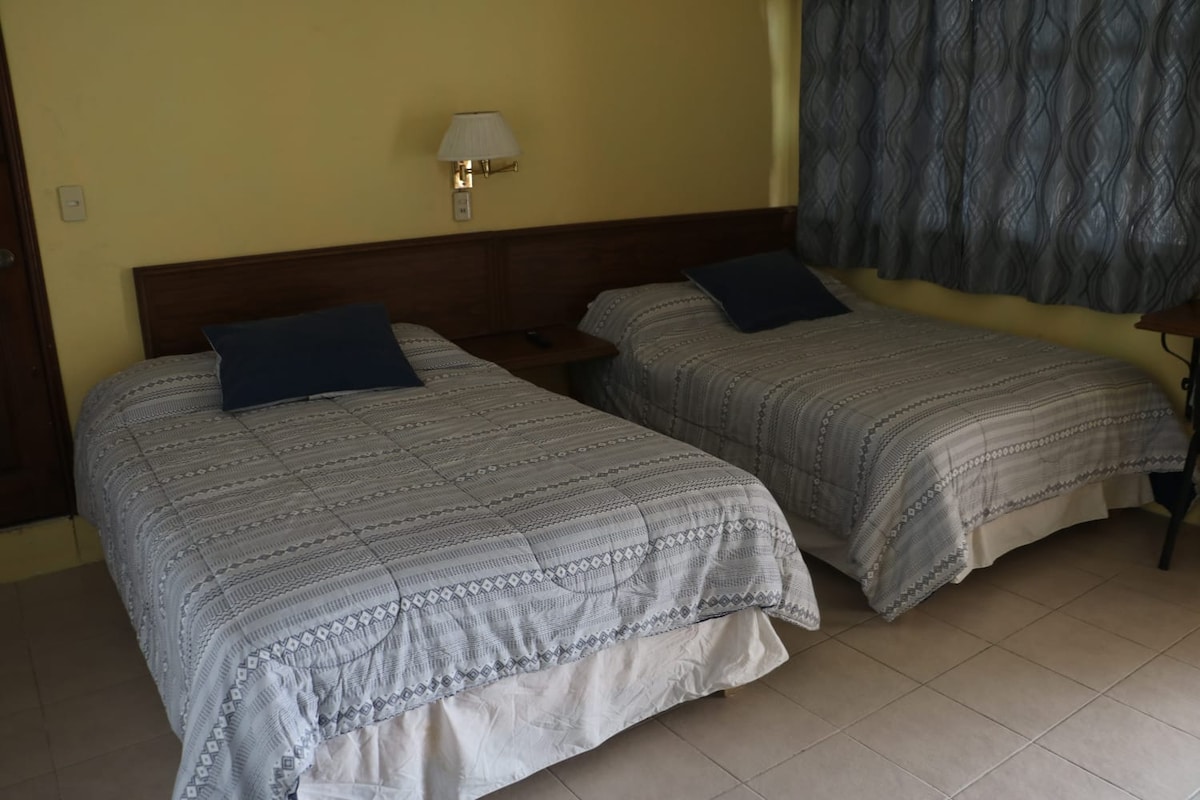 The room features two spacious beds covered in patterned bedding, with coordinating blue accent pillows. A bedside lamp provides soft lighting. Natural light filters through a window, which is dressed with patterned curtains, adding to the room's overall brightness.
