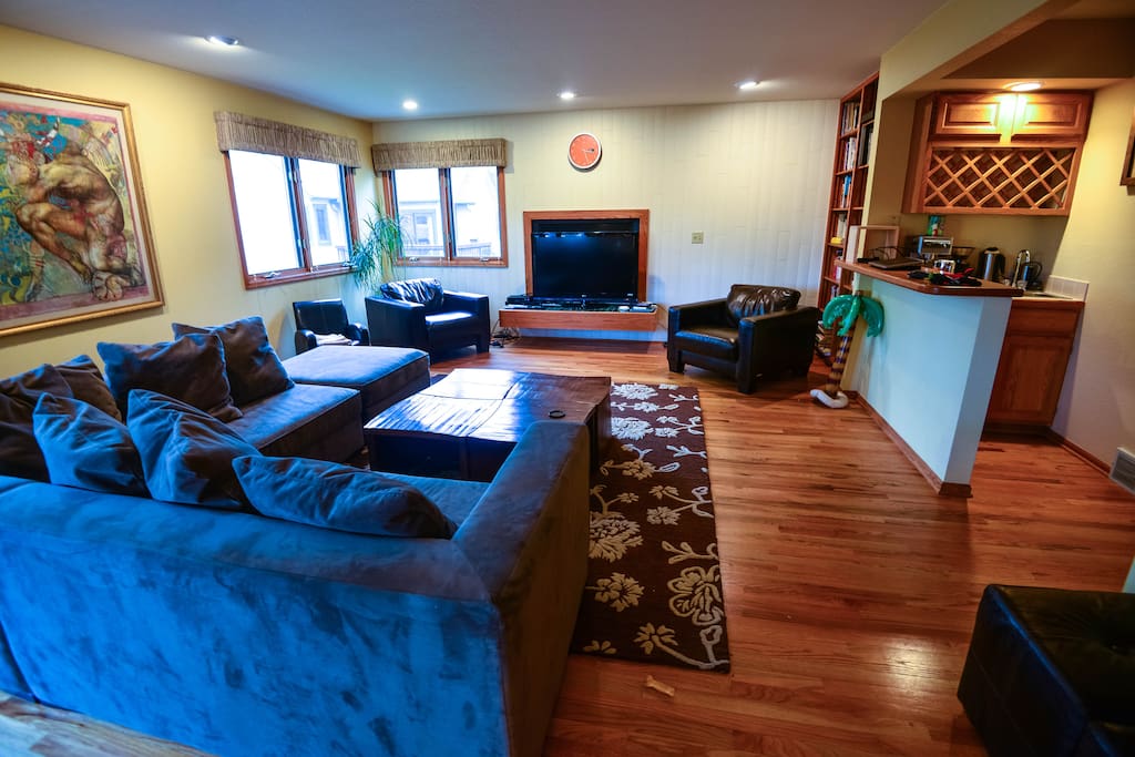 Family room with coffee bar and TV