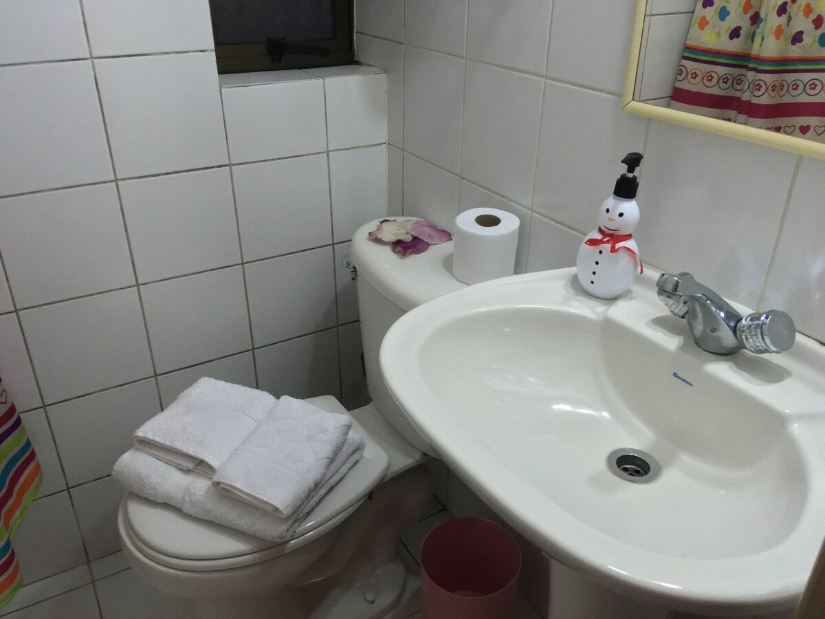 A clean bathroom features white tiled walls and a simple sink with a mirror above. A roll of toilet paper and a decorative snowman sit on the countertop. Freshly folded towels are neatly arranged on the toilet lid, and a small pink waste bin is visible nearby.