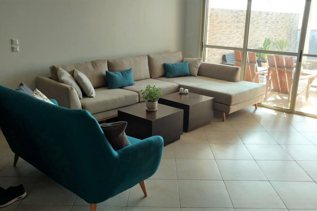 Living room and balcony seating area