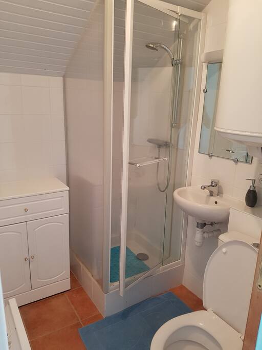 La salle de bain de l'appartement, près de la chambre