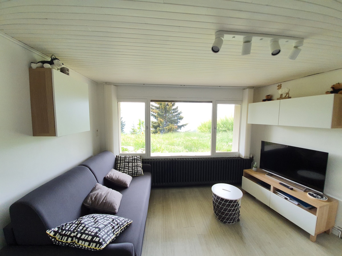 A welcoming living area features a comfortable dark sofa adorned with patterned cushions. A circular coffee table sits in front, with a light wood television unit that holds a flat-screen TV. Large windows provide views of the surrounding greenery, enhancing the space with natural light.