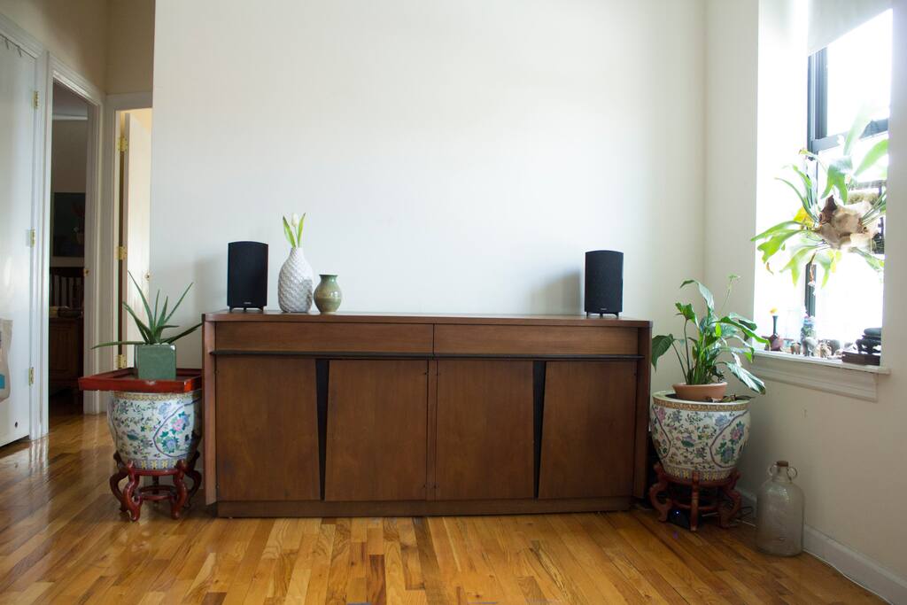 There is a mounted projector and high quality speakers.