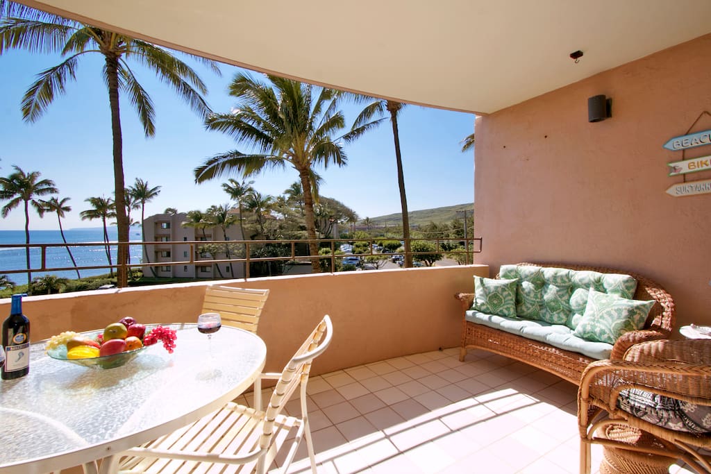 Extra large lanai serves as an outdoor living space! Great views of the ocean, west Maui mountains and the islands of Kaho’olawe, Molokini Crater and Lanai