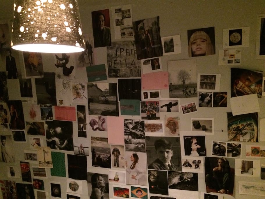 With some random interesting, ridiculous or nice pics on the wall.