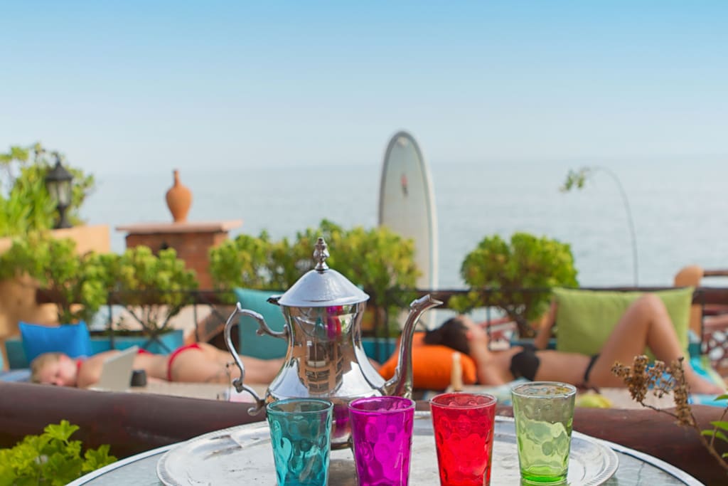 you can enjoy moroccan tea and food on the terrace downstairs