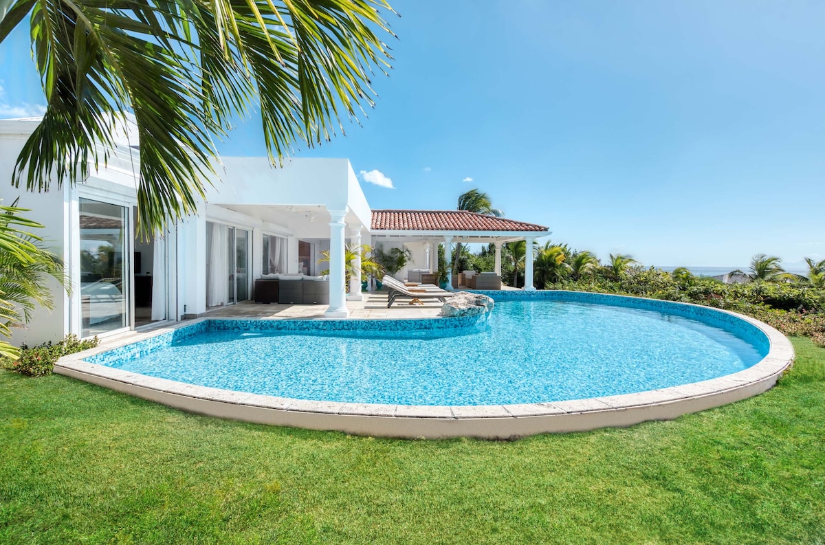 A spacious outdoor area features a large, oval pool with clear blue water surrounded by lush green grass. Sun loungers are positioned beside the pool, inviting relaxation. The villa's open layout is highlighted with large glass doors, integrating indoor and outdoor living.