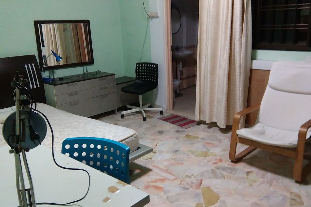 dressing table, attached bathroom, AC, arm chair