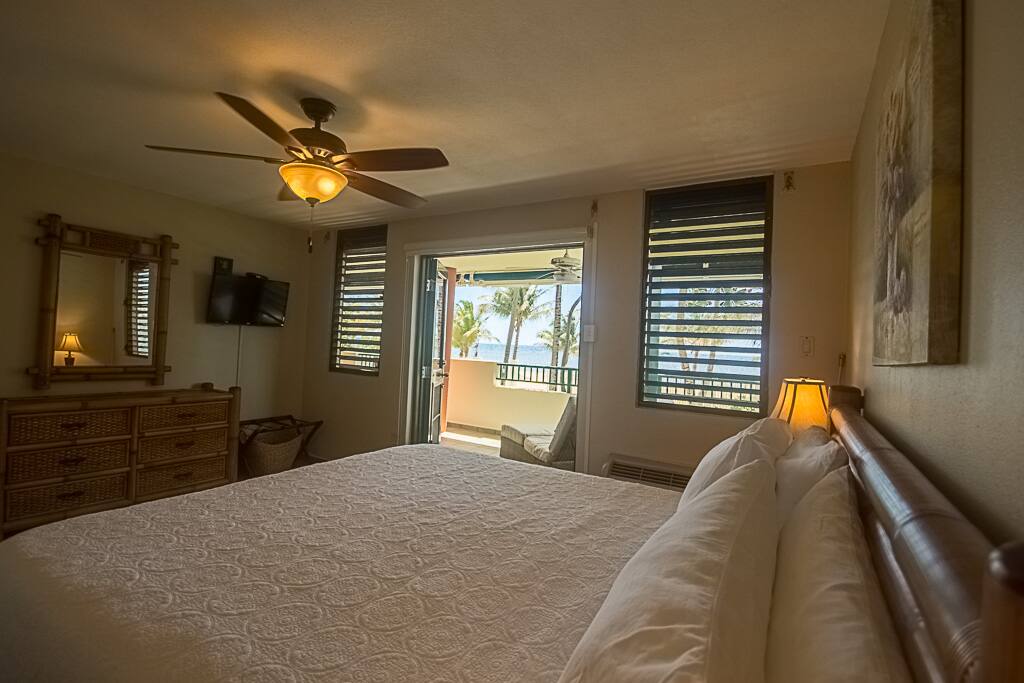 Beach view from Master Suite, King size bed, on-suite bathroom, A/C, dresser and closet