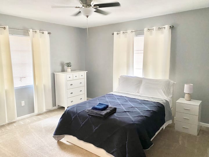 Bedroom 3 :
Double size bed 
Night stand 
Night lamp 
Fan 
Dresser 
Closest 
Hangers 
Blackout curtains 