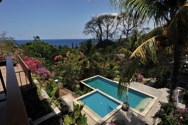An inviting view of an infinity pool surrounded by lush tropical foliage, including vibrant pink and orange flowers. In the background, the serene blue ocean can be seen against a clear sky, creating a sense of tranquility and natural beauty.