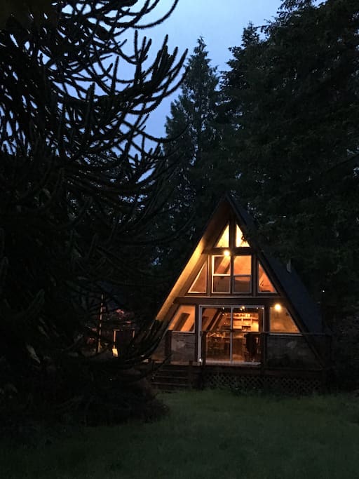 The cabin at night