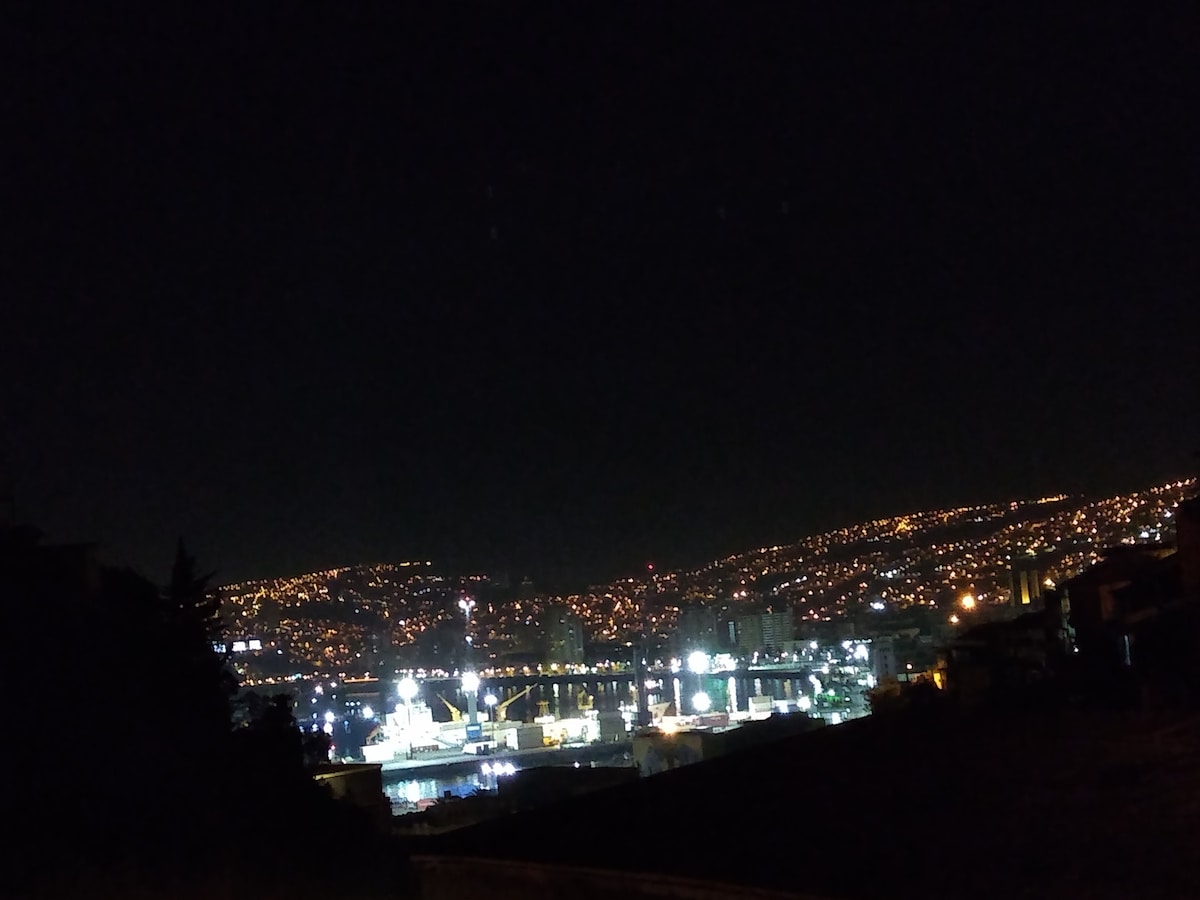 A night view captures the sparkling lights of Valparaíso, showcasing the vibrant waterfront and rolling hills dotted with illuminated buildings. The peaceful ambiance is complemented by the distant shoreline, creating a serene backdrop of the bay.