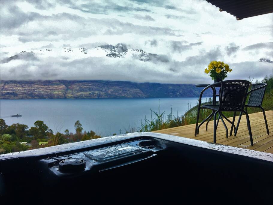 View of Lake Wakatipu from in our spa on the deck