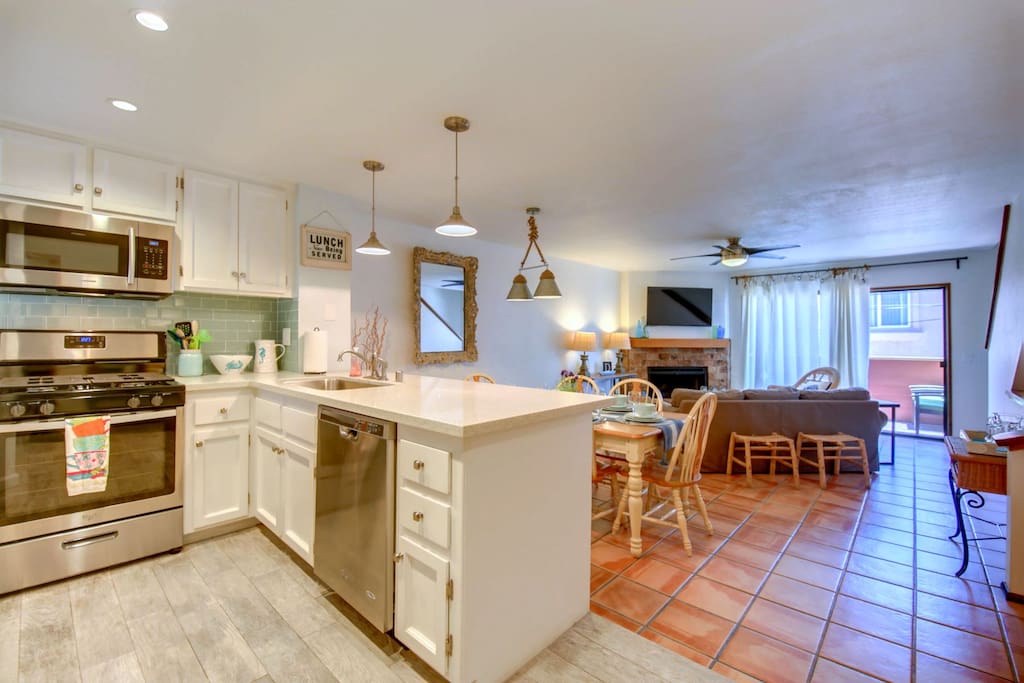 The newly remodeled kitchen is fully-stocked and every chef`s dream come true
