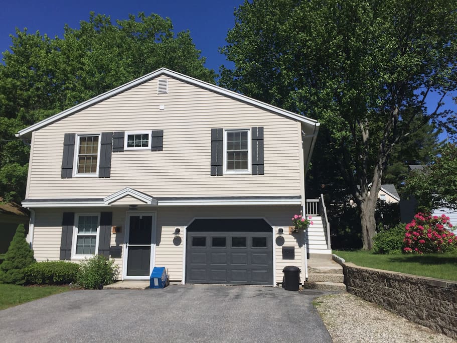Look of a house.
Our home is entire upstairs + a garage + parking spot behind the garage. Main door is upstairs right side of the house.