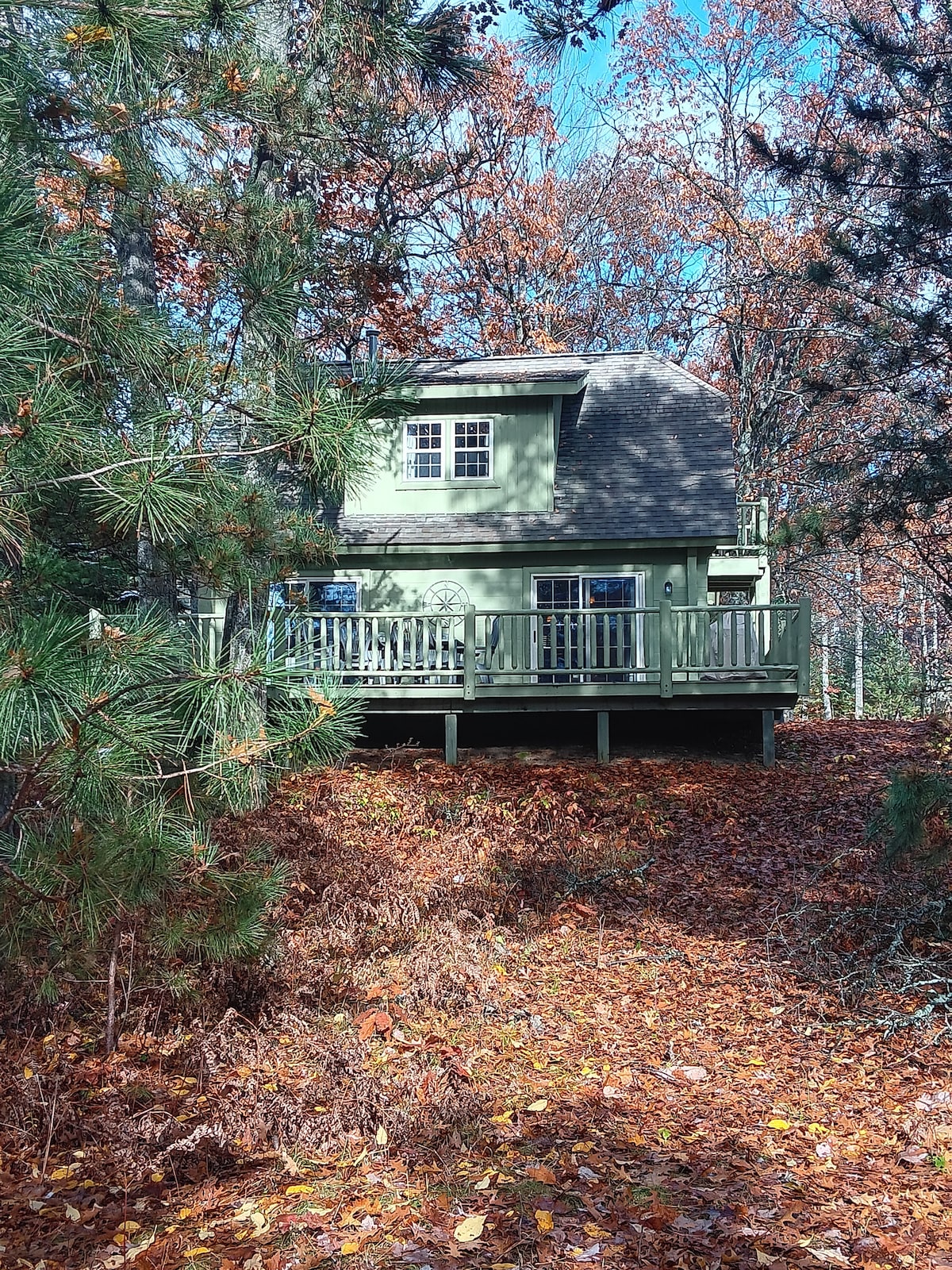 A two-story log cabin is nestled among tall trees, with a spacious deck visible from the ground. Autumn leaves blanket the ground in warm colors, and large windows reflect the natural surroundings, creating a serene and inviting exterior.