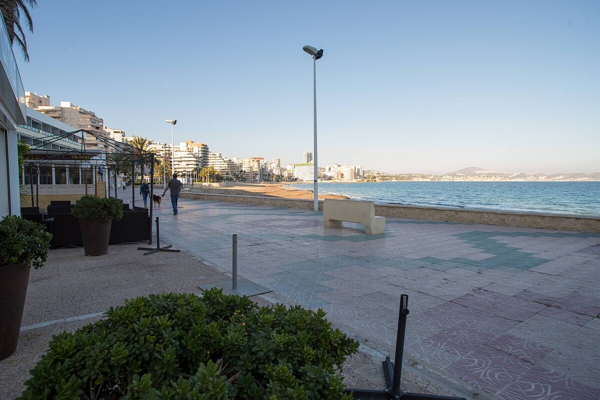 A coastal promenade is visible, lined with palm trees and leading towards a sandy beach. The calm sea stretches into the distance, while buildings and amenities can be seen along the shore. A planter with greenery is positioned in the foreground, enhancing the outdoor space.
