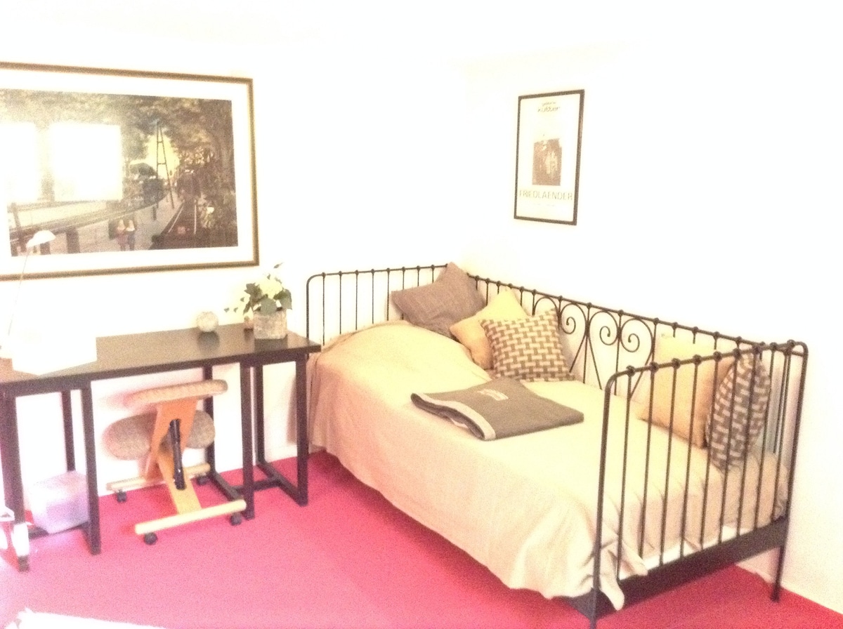 A bright bedroom features a single bed with neutral bedding and decorative pillows. A desk with a chair is positioned nearby, alongside a potted plant. Wall art adds character to the room, which has a soft carpeted floor and is illuminated by natural light.