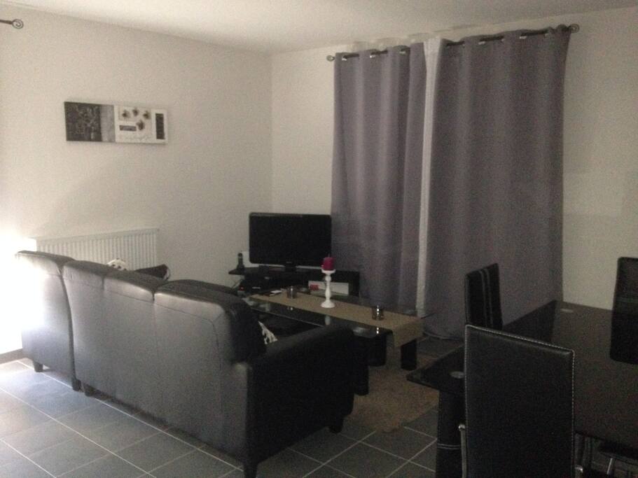 Salon, séjour donnant sur une grande terrasse.
