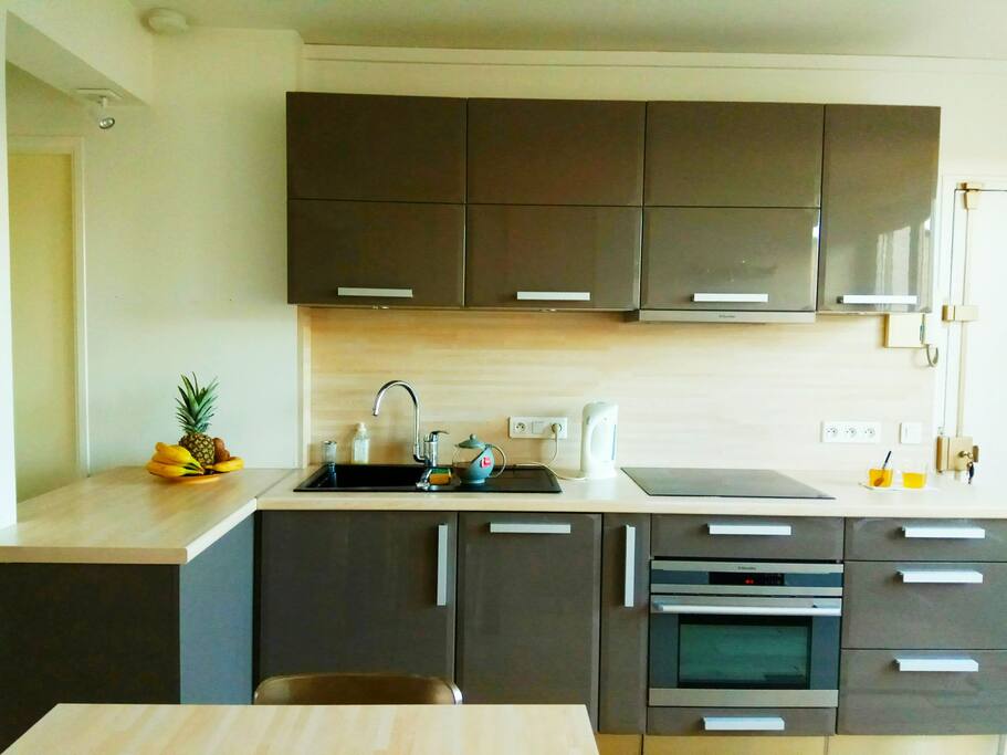 cuisine équipé avec lave-vaisselle, bouilloire, frigo, four et plaque de cuisson