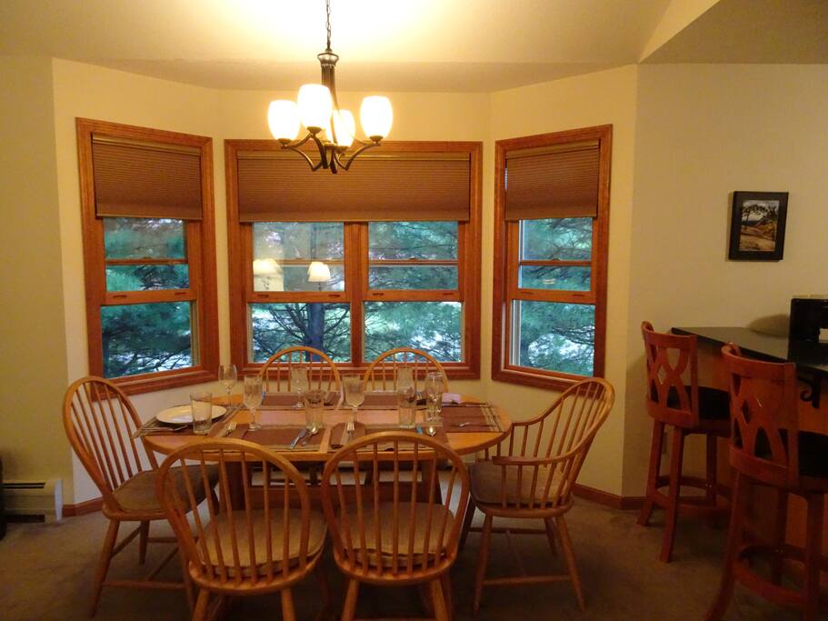 Dining table seats six people.