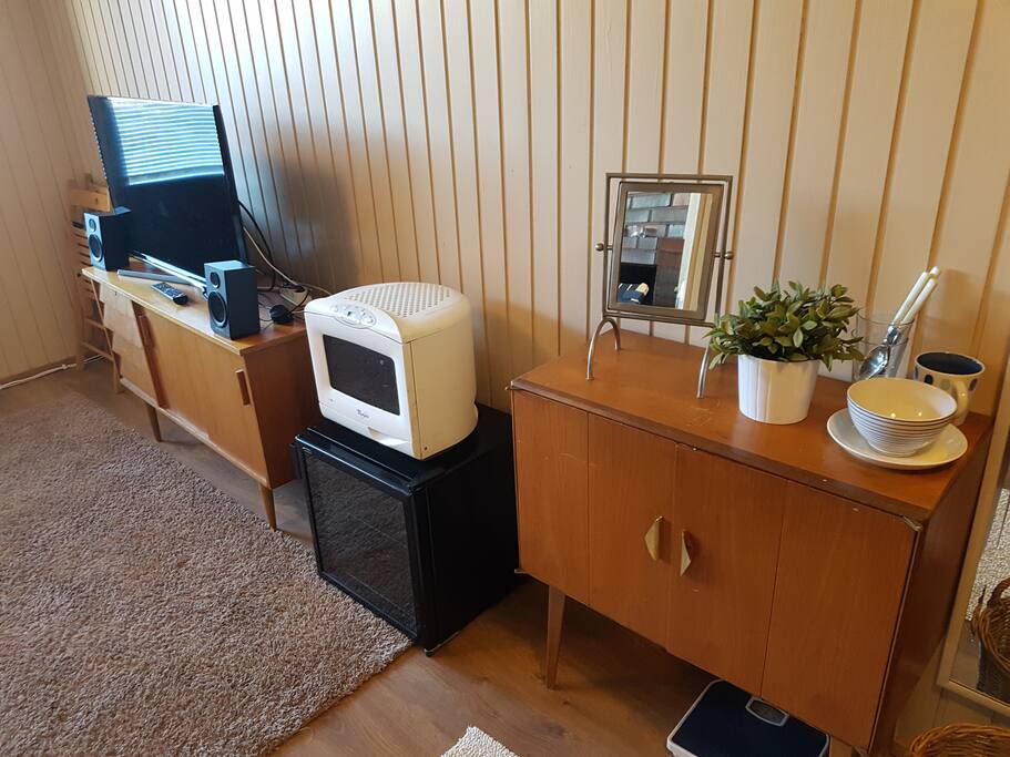 TV, fridge and microwave oven