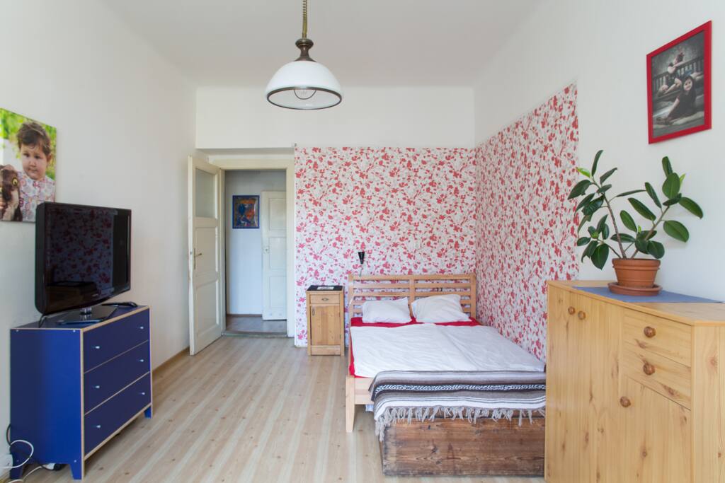 Double bed and TV
