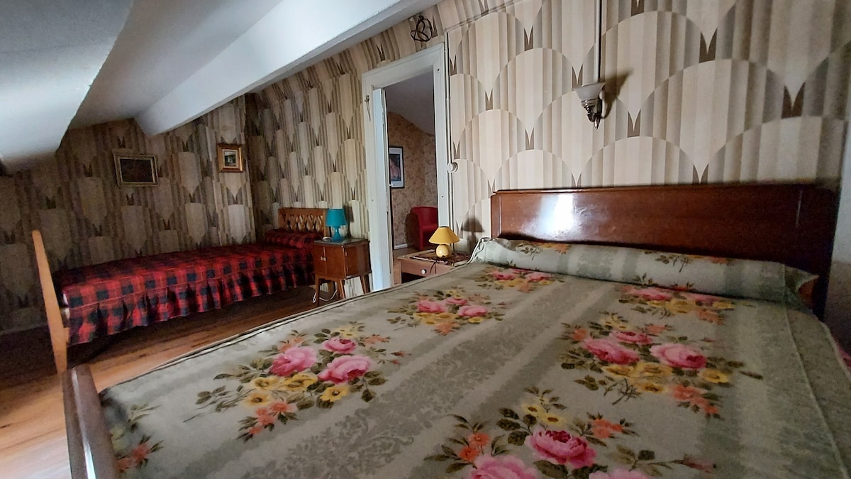 Spavaća soba u potkrovlju s krevetom od 140 i 90 kreveta.