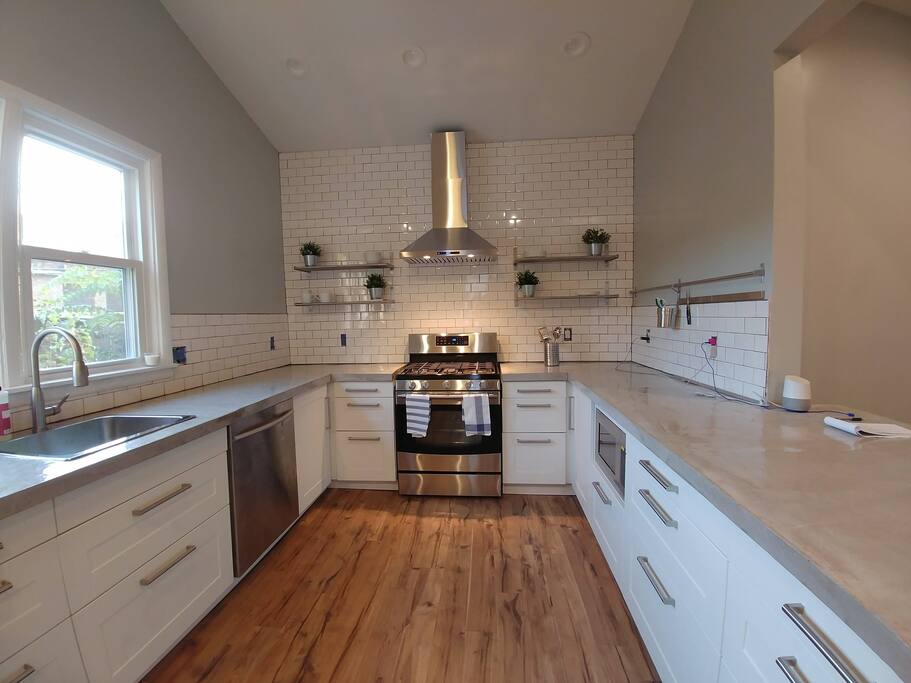 Open, modern kitchen.