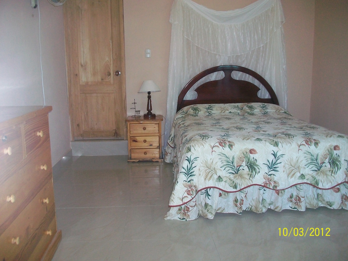 A spacious bedroom features a large bed dressed in floral linens, complemented by a light-colored dresser and nightstand. A subtle light source illuminates the room, while a wooden door offers access to an adjoining area. Soft drapery is arranged above the bed.
