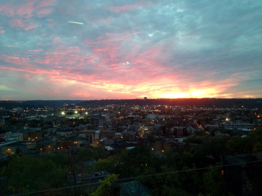 Sunset over OTR from Living Room with our Art Deco Union Terminal Museum Center in the distance.