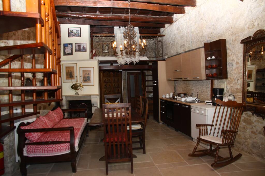 Zeus Kitchen and Sitting room with fireplace