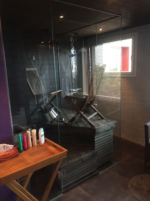 Private bathroom with sauna and separate shower & bathtub for guests.