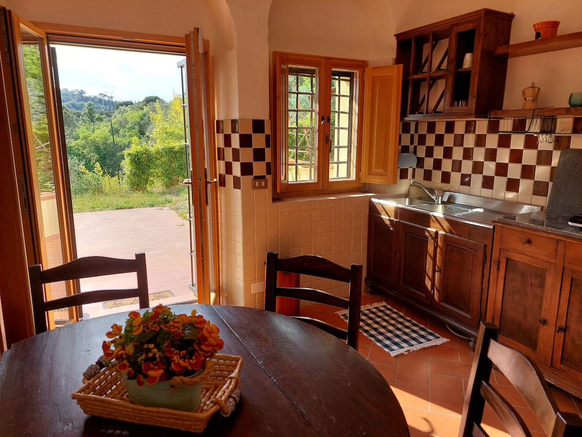 A rustic kitchen is presented with wooden cabinetry and a checkerboard tile backsplash. A round dining table is set with a decorative bowl of fruit. Double doors open to a scenic outdoor view of the countryside, allowing natural light to fill the space.