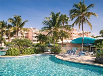 A large free-form swimming pool is surrounded by palm trees and lounge chairs. Colorful buildings are visible in the background, with a shaded structure providing additional seating. The clear water of the pool reflects the blue sky, creating a serene outdoor space.