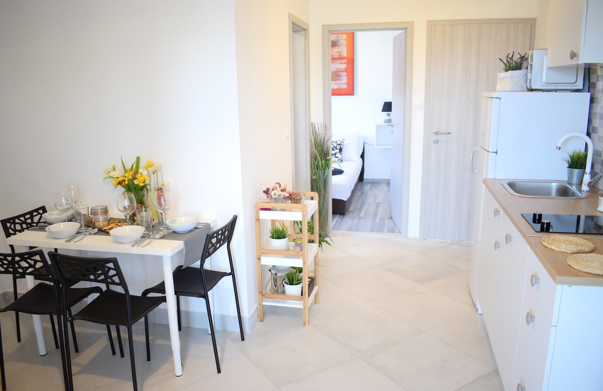 A bright kitchen area is visible, featuring a dining table set for four, complemented by black chairs. The kitchen includes a refrigerator, sink, and essential appliances. A partially open layout connects to a living area, showcasing soft furnishings and greenery along the walls.