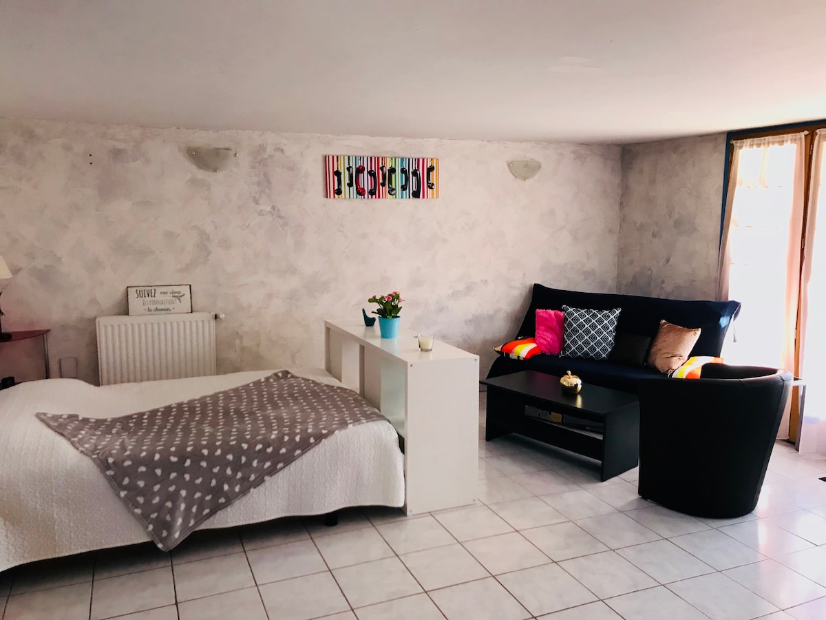 A cozy studio space features an inviting bed with a neutral-colored duvet and decorative pillows. A modern sofa in the corner is complemented by colorful cushions. Natural light fills the room from the nearby window, enhancing the relaxed atmosphere.