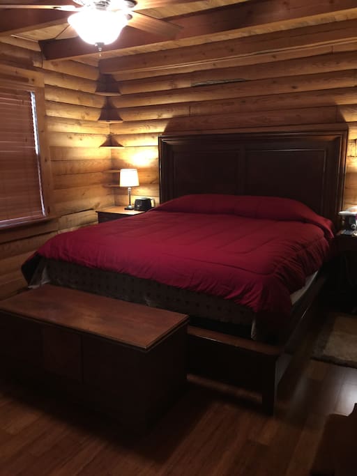 Bedroom with new electric fireplace and full bathroom with shower. Clock has a USB port in it. Hair dryers and irons and an ironing board are more amenities . King size bed!!!