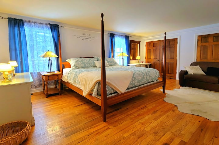 The West Bedroom has a cherry king bed, leather sofa bed, TV and attached, shared bathroom.