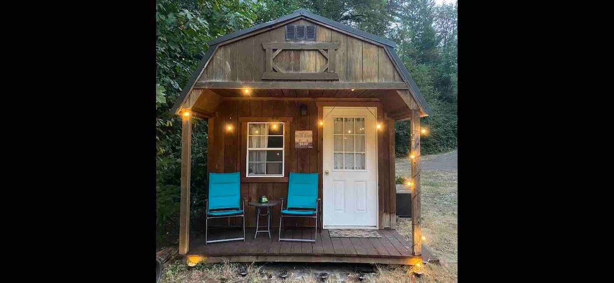 The cabin exterior features a wooden facade with decorative accents. Two turquoise chairs are positioned on the front porch beside a small table. Warm lights are strung along the eaves, creating a welcoming illumination in the natural surroundings.