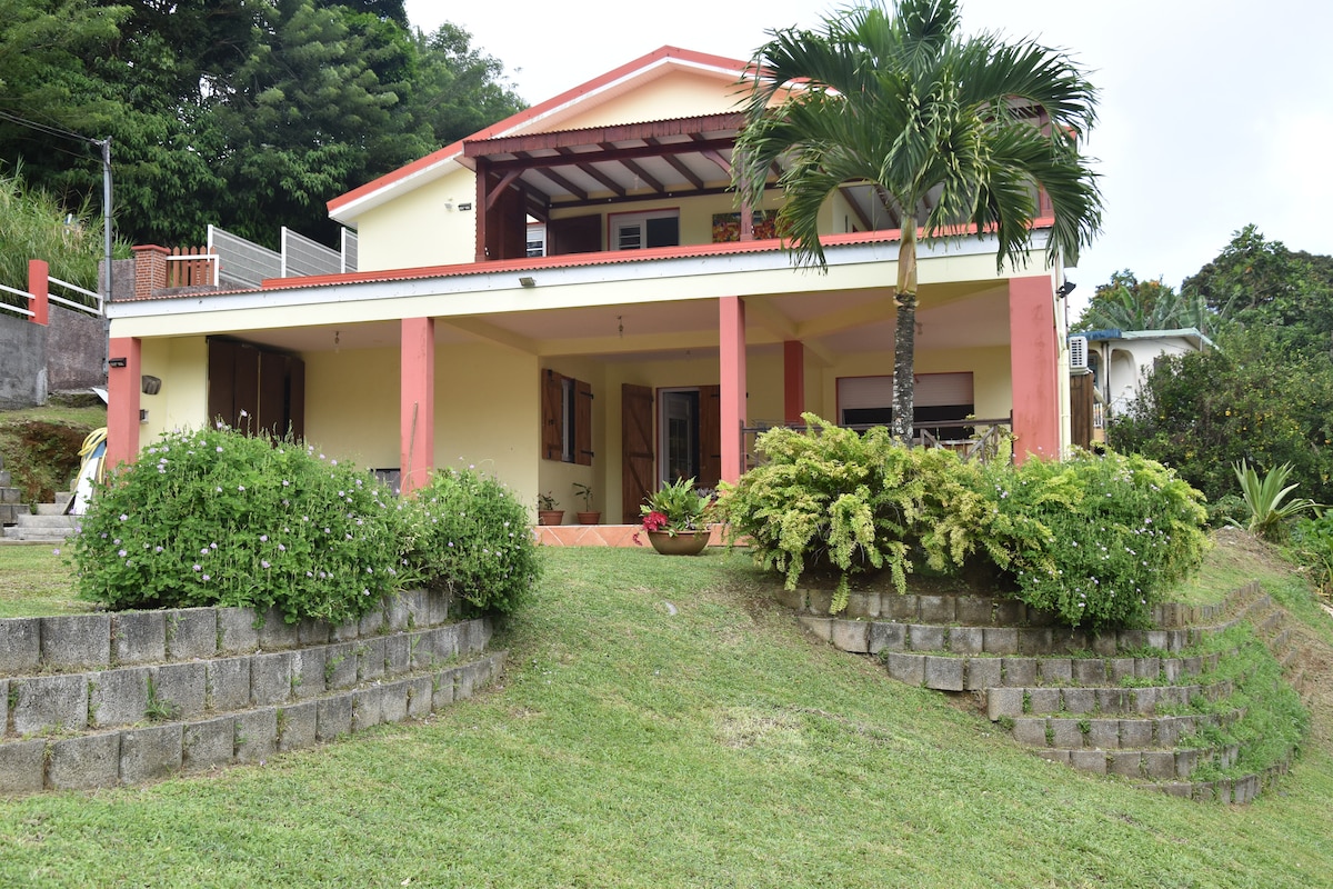 A spacious house is viewed from the landscaped yard, featuring a covered patio with a red accent framing the entrance. Lush greenery surrounds the property, complemented by palm trees and flowering plants. The building's two-story design is complemented by gentle hillside landscaping.