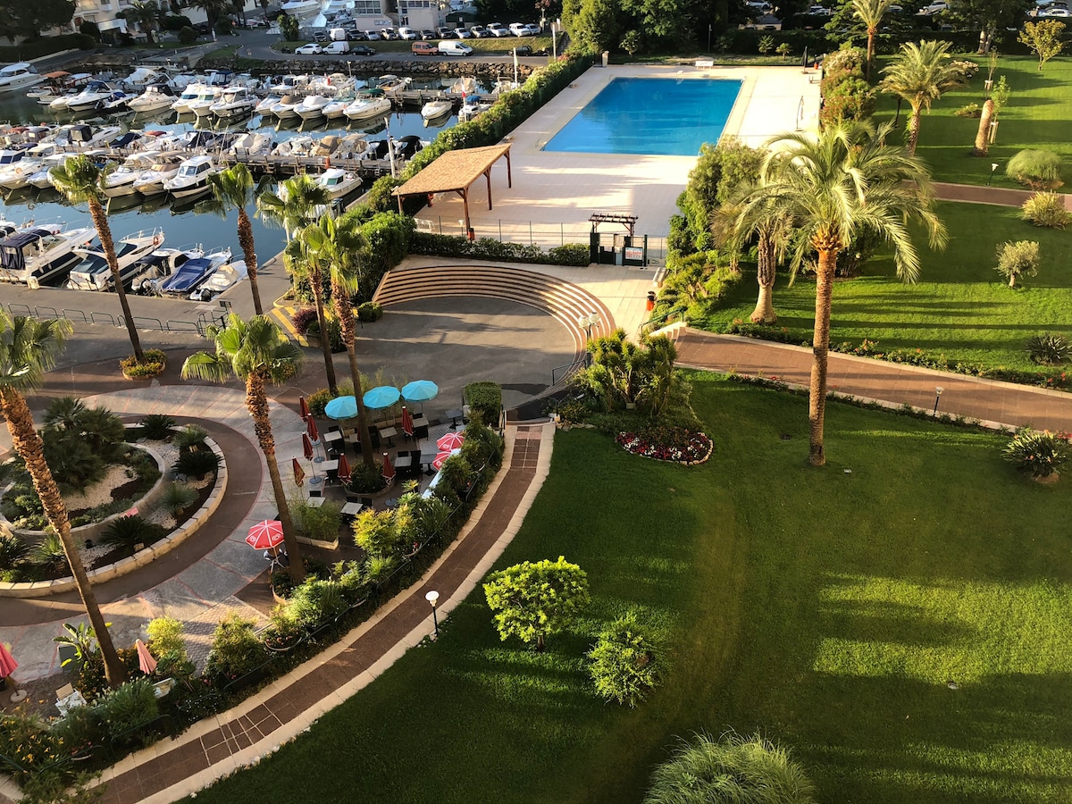 An aerial view captures well-maintained gardens surrounding a large swimming pool. Nearby, lounge chairs and umbrellas are arranged around the pool. In the background, a marina filled with boats is visible, framed by lush palm trees and pathways that meander through the green spaces.