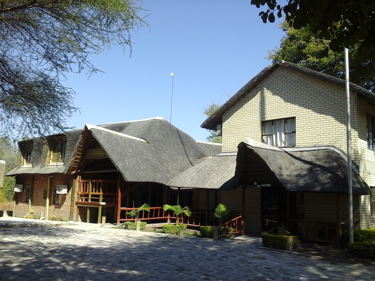 The exterior of Enviro-Villa showcases a blend of thatched roofs and brick walls, set against a clear blue sky. Lush greenery surrounds the building, and a stone pathway leads to the entrance, inviting guests to explore the serene surroundings.