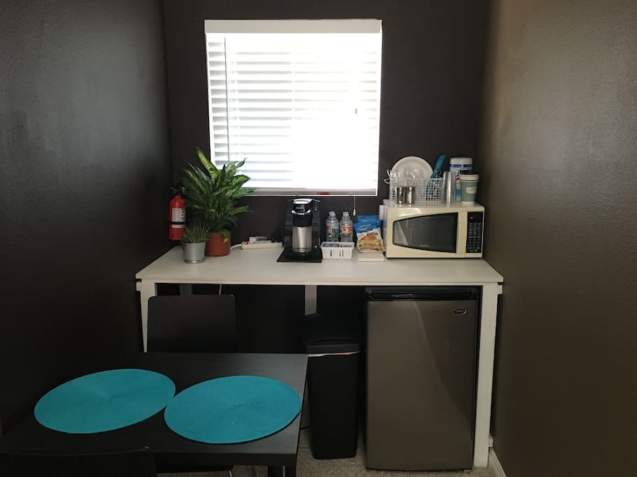 Microwave, Keurig, mini refrigerator