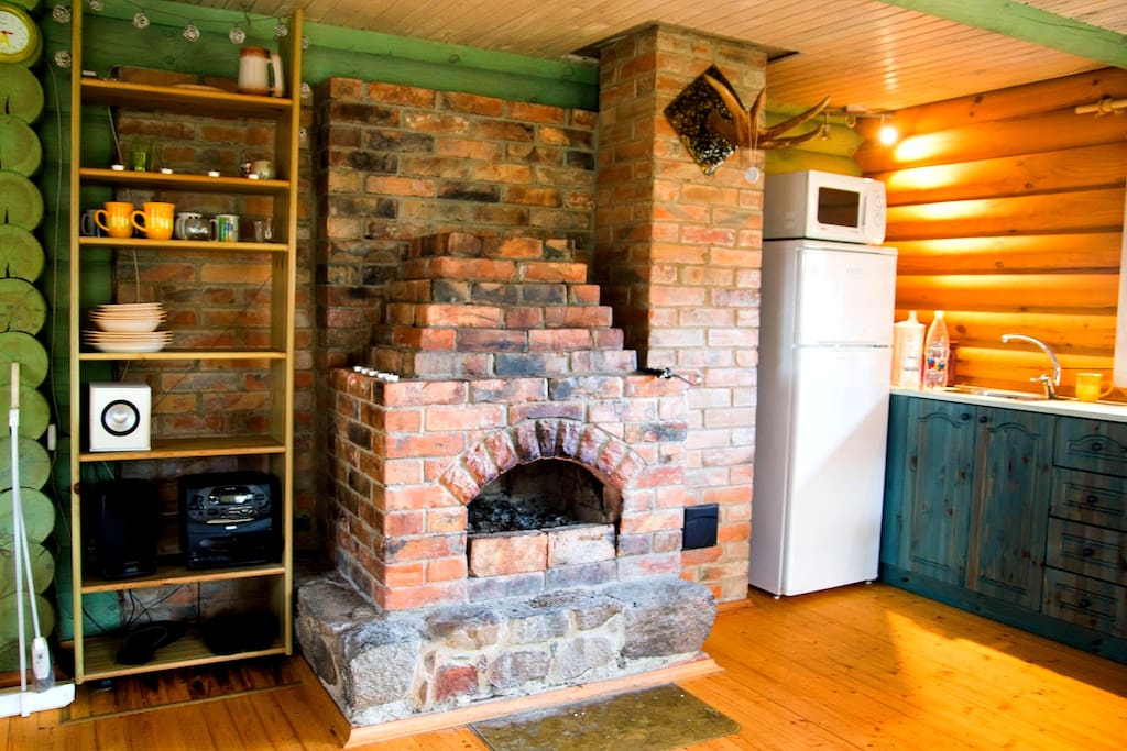 Fireplace and kitchen