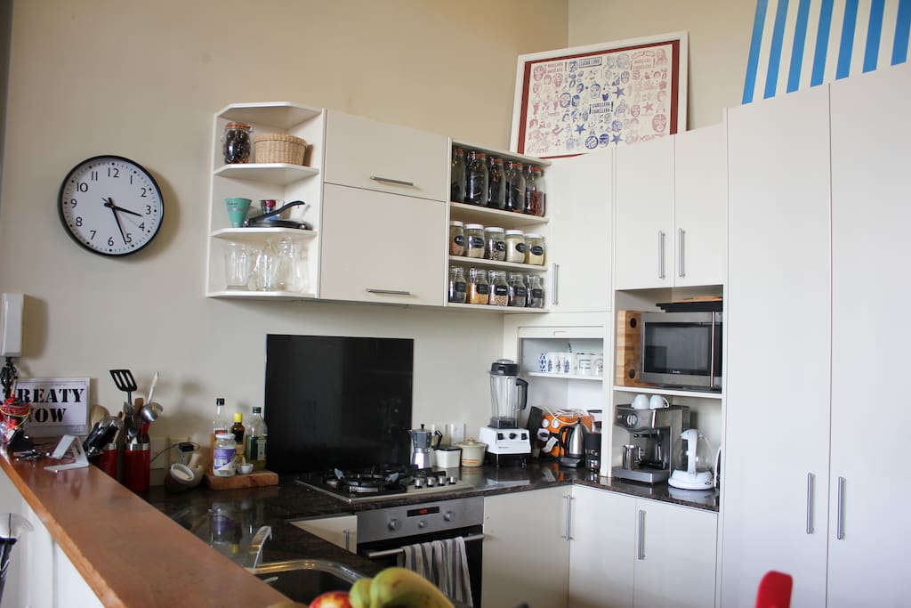 We have a full kitchen with a gas stove, high speed blender and multiple ways to brew coffee!