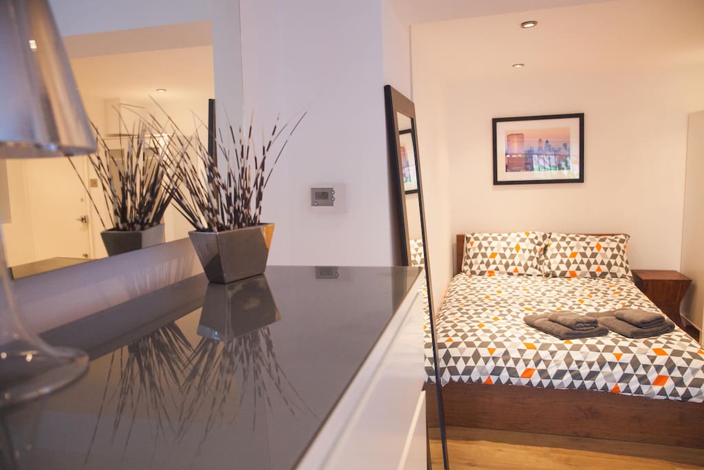 The studio contains a double bed, wardrobe, chest of drawers, sofabed (for one person) fully equipped kitchen and a shower/toilet room